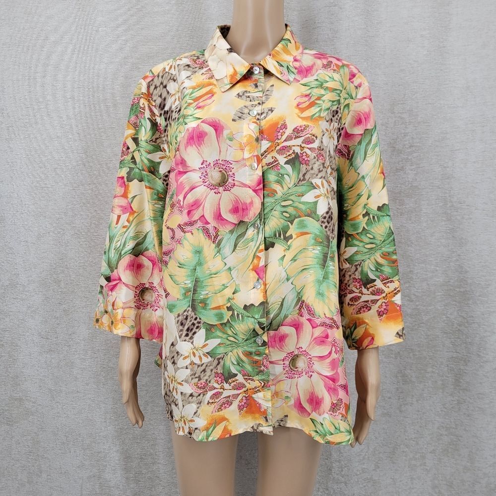 Clothes Silk Tropical Floral Leopard Print Women's Top Button Down Blouse